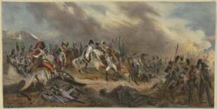 Napoleon mit seinem Hut über ein Schlachtfeld reitend