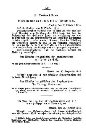 Anrechnung der Kriegsdienste auf die medizinische Ausbildungszeit : [B. Universitäten]