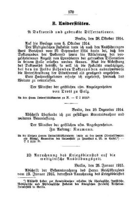Anrechnung der Kriegsdienste auf die medizinische Ausbildungszeit : [B. Universitäten]