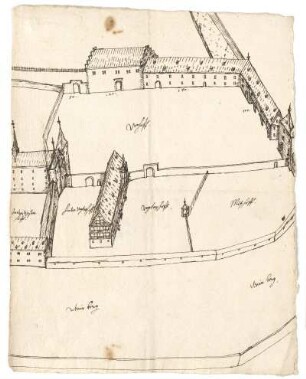 Breitenau, ehem. Kloster, Vorhof mit Entwurf für einen Stall