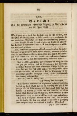 XVII. Bericht über die zwanzigste öffentliche Sitzung zu Bernstadt am 15. Juni 1851.