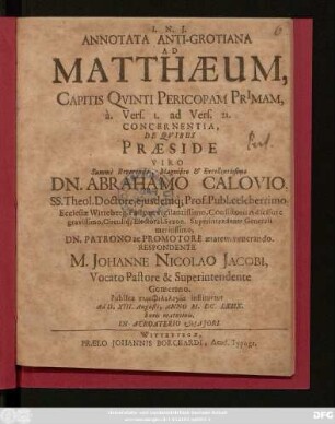 Annotata Anti-Grotiana Ad Matthaeum, Capitis Quinti Pericopam Primam, a. Vers. 1. ad Vers. 21 Concernentia