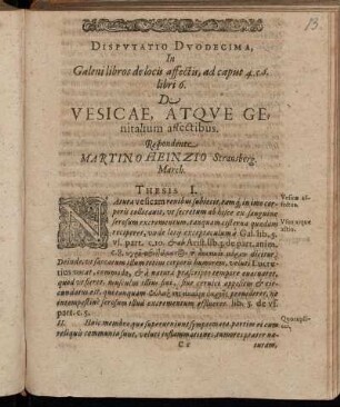 Disputatio Duodecima [...] De Vescae, Atque Genitalium affectibus.