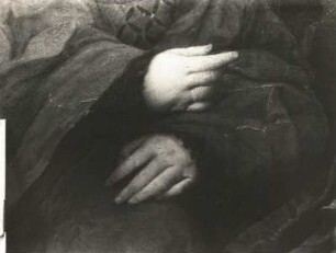 Palma il Vecchio, Jacopo. Drei Schwestern. Italienisches Pappelholz; 88 x 123 cm. Ausschnitt. Aufnahme vor der Restaurierung. Dresden: Staatliche Kunstsammlungen, Gemäldegalerie Alte Meister Kat. 1908 Nr. 191