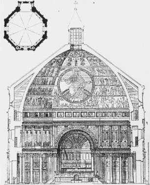 Florenz, Baptisterium di S. Giovanni, Grundriss und Süd-Nord-Querschnitt