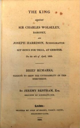 The king against Sir Charles Wolseley Baronet, and Jos. Harrison Schoolmaster : set down for trial, at Chester, on the 4th of April 1820