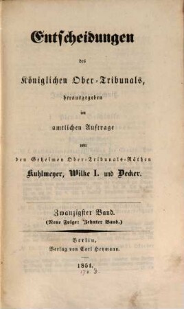 Entscheidungen des Königlichen Obertribunals. 20. 1851