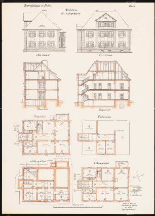 Zentralgefängnis, Mühlenweg, Stuhm Wohnhaus für zwei Inspektoren: Grundriss KG, EG, OG, DG, Ansichten und Schnitte 1:100