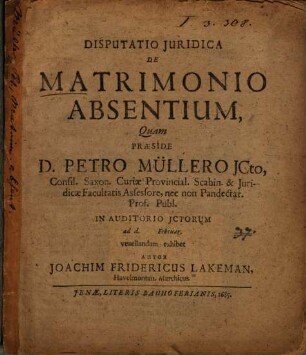 Disputatio Juridica De Matrimonio Absentium