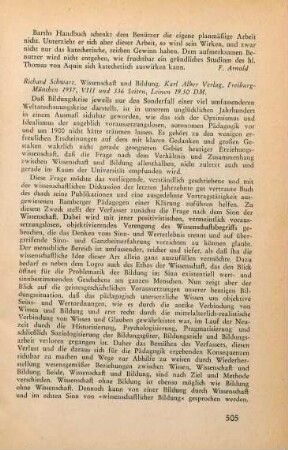 505-506 [Rezension] Schwarz, Richard, Wissenschaft und Bildung