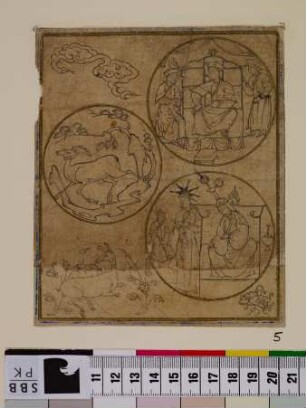 S. 47, Nr. 5: Mongolische Herrscher, Herrscherin und ein Reh in drei Medaillons