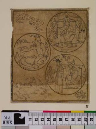 S. 47, Nr. 5: Mongolische Herrscher, Herrscherin und ein Reh in drei Medaillons