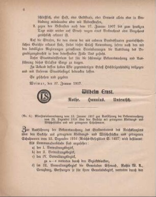 Nr. 6: Ministerialverordnung vom 12. Januar 1917 zur Ausführung der Bekanntmachung vom 23. Dezember 1916 über den Verkehr mit getragenen Kleidungs- und Wäschestücken und mit getragenen Schuhwaren