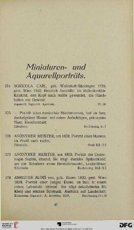 Miniaturen- und Aquarellporträts (Nr. 374-402)