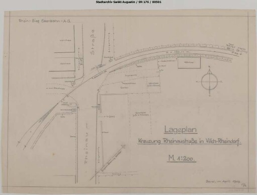 Beuel, Bahnhof: Lageplan Rheinaustraße in Vilich-Rheindorf mit Bahnübergang und Schrankenanlage