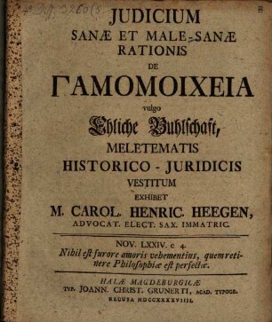 Judicium sanae et male-sanae rationis de gamomoicheia, vulgo Ehliche Buhlschaft, meletematis historico-juridicis vestitum
