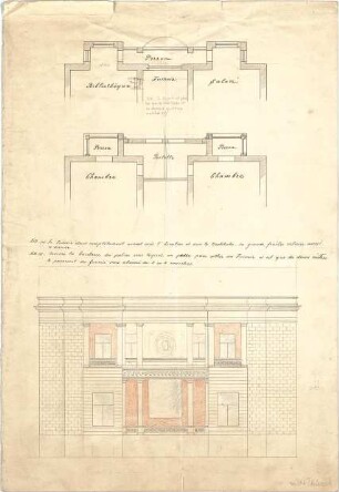 ohne Verfasserangabe; unbekanntes Gebäude, Fassade - Teilgrundrisse, Ansicht