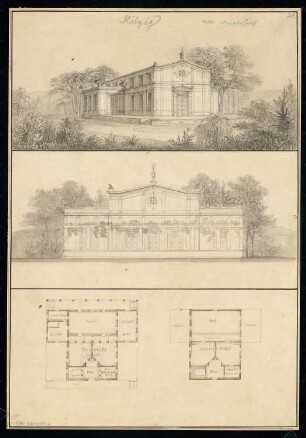 Schützenhaus Monatskonkurrenz Mai 1832: Grundriss Erdgeschoss, Dachgeschoss, Aufriss Vorderansicht, perspektivische Ansicht