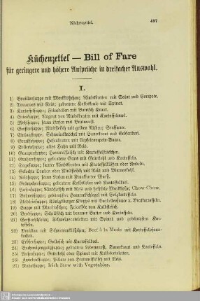 Küchenzettel - Bill of Fare