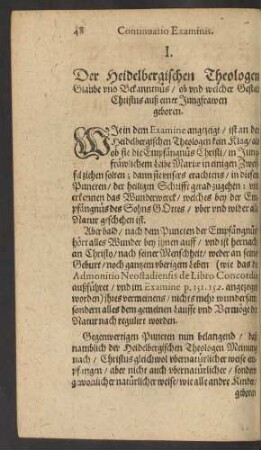 I. Der Heidelbergischen Theologen Glaube und Bekanntnus/ ...