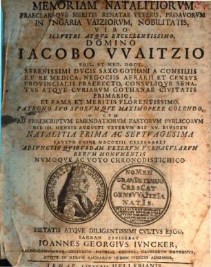 Memoriam Natalitiorvm, Praeclarisqve Meritis Renatae Veteris ... in Vngaria Vaiziorvm Nobilitatis