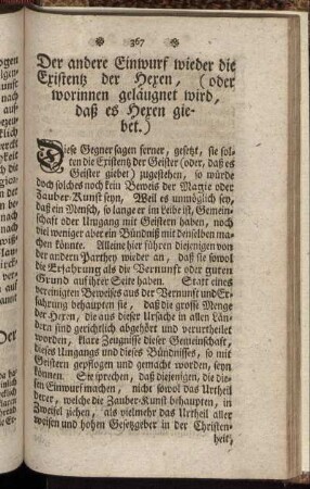 Der andere Einwurf wieder die Existentz der Hexen, (oder worinnen geläugnet wird, daß es Hexen giebet.]