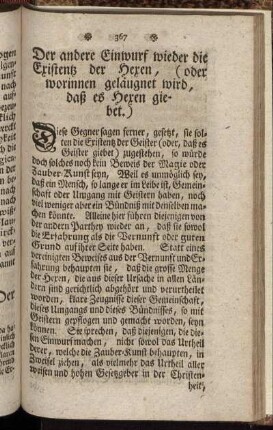Der andere Einwurf wieder die Existentz der Hexen, (oder worinnen geläugnet wird, daß es Hexen giebet.]