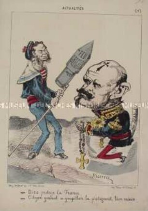 Actualités (1). Dieu protegé la France - Karikatur auf Premierminister Trochu mit Bezug auf den Deutsch-Französischen Krieg