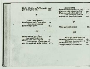 Geistliches Gesangbüchlein 1524. Tenor-Stimmbuch : Walter, Johann: Geistliches Gesangbüchlein, Tenor-Stimmbuch. Blatt 46, Rückseite: Verzeichnis der Lieder Jh - W. Wittenberg, 1524. Buchdruck; 129 x 166 mm. Dresden: Dreikönigskirche