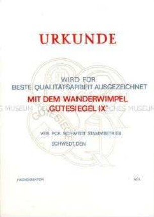 Urkunde zur Auszeichnung mit dem Wanderwimpel "Gütesiegel 9" (blanko)