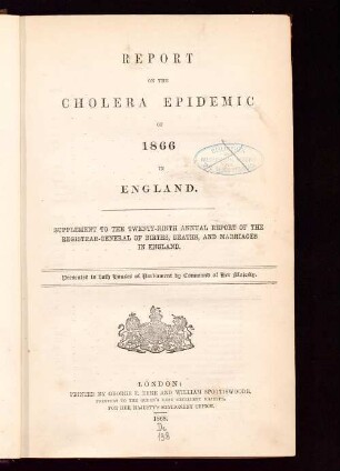 Report on the cholera epidemic of 1866 in England : [nebst] App.