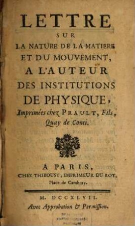 Lettre sur la nature de la matière et du mouvement
