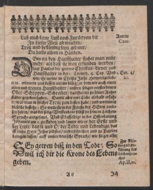 [...]Leichenspruch[...] in der Offenbarung Johannis am 2. zu finden und lautet[...]/ wie folget also: