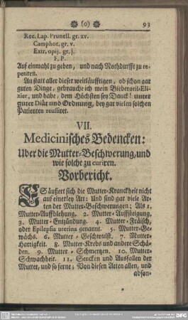 VII. Medicinisches Bedencken: Uber die Mutter-Beschwerung, und wie solche zu curiren