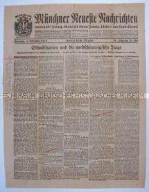 Titelblatt der Tageszeitung "Münchner Neueste Nachrichten" u.a. zu den revolutionären Unruhen in Kiel