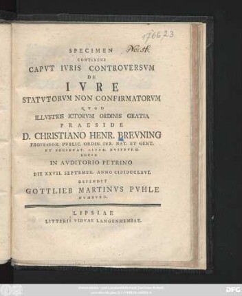 Specimen Continens Capvt Ivris Controversvm De Ivre Statvtorvm Non Confirmatorvm