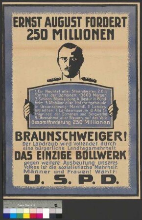 Wahlplakat der USPD zum Thema Fürstenabfindung, herausgegeben zur Landtagswahl am 22. Januar 1922