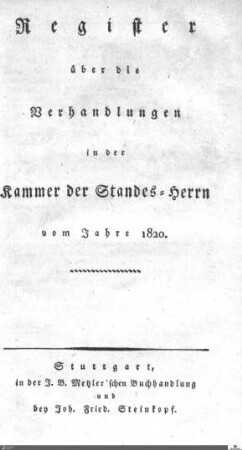 1,1: Landtag Württemberg - Kammer 1, Register 1820