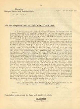Auf die Eingaben vom 22. April und 17. Juli 1907