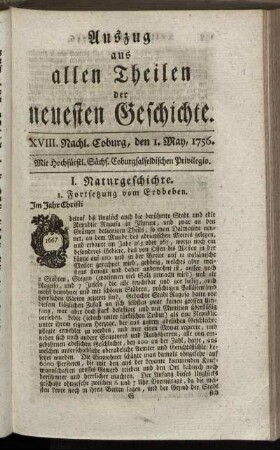 XVIII. Nachl. Coburg, den 1. May, 1756.