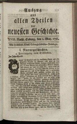 XVIII. Nachl. Coburg, den 1. May, 1756.