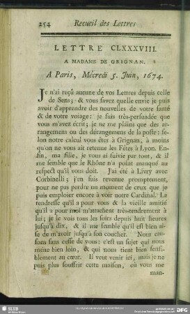 Lettre CLXXXVIII. A Madame De Grignan. A Paris, Mécredi 5. Juin, 1674