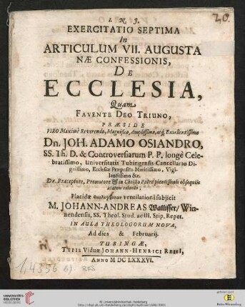 Band 7: Exercitatio Theologica ... In Articulum Augustanae Confessionis: Exercitatio Septima In Articulum VII. Augustanae Confessionis, De Ecclesia