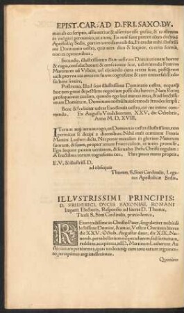 Illustrissimi Principis: D. Friderici, Ducis Saxoniae Romani Imperii Electoris, Responsio ad literas D. Thomae ...