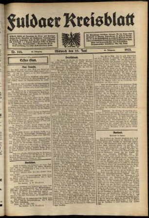 Erste Ausgabe vom Mittwoch, den 25. Juni 1913.