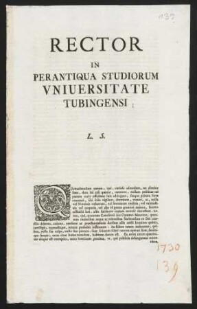 Rector In Perantiqua Studiorum Vniuersitate Tubingensi L. S.