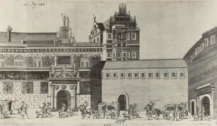Dresden. Residenzschloss. Stallhof, Langer Gang mit Jagdtor und Georgenbau von der Augustusstraße aus. Kupferstich. Aus: Tzschimmer "Durchl. Zusammenkunft", 1678. Dresden: Historisches Museum I/30