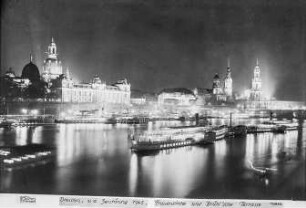 Dresden. Dampfschiffkorso vor der Brühlschen Terrasse, Festillumination anläßlich des 100jährigen Bestehens der Sächsisch-Böhmischen Dampfschiffahrtgesellschaft 1936