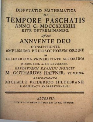Disputatio Mathematica De Tempore Paschatis Anno C. MDCCXXXXIIII Rite Determinando