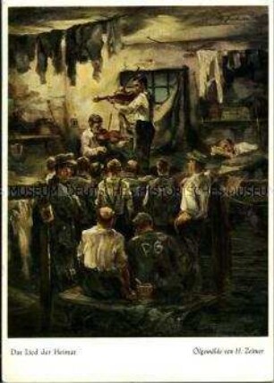 Soldaten musizieren in einem Kriegsgefangenenlager